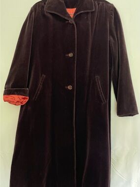 Lovely Vintage 1960s Women's Dark Chocolate Velvet Long Coat with Orange Lining